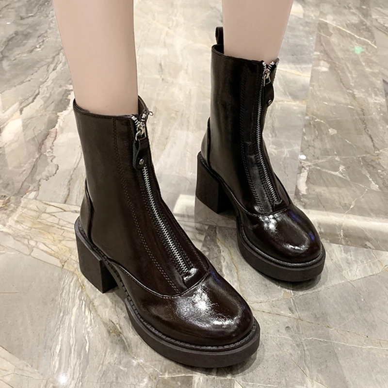 

Rimocy Front Zipper Thick High Heels Boots Women Autumn Winter Pu Leather Ankle Boots Woman Solid Round Toe Short Booties Ladies