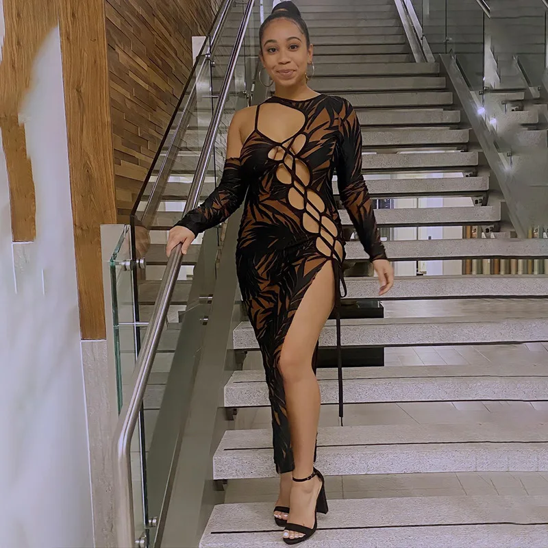 

WJFZQM Print Bandage Hollow Out Side Slit Sexy Maxi Dresses Women Long Sleeve Bodycon Dress Ladies Club Party Brown Long Dress