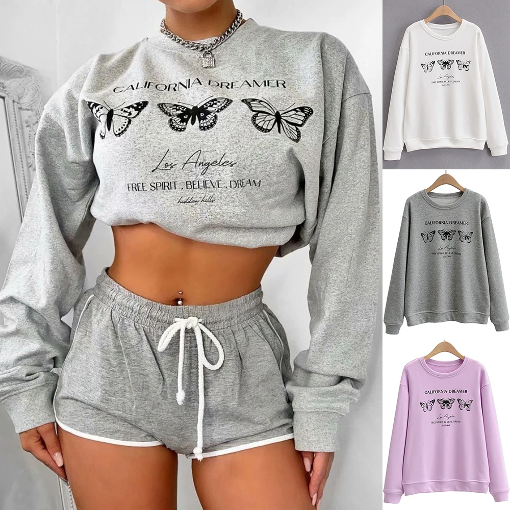 Fashion Butterfly Print Women Sweatshirt Pullover Fall Harajuku Oversize Print crewneck Cropped Hoodie Casual Korean Top clothes