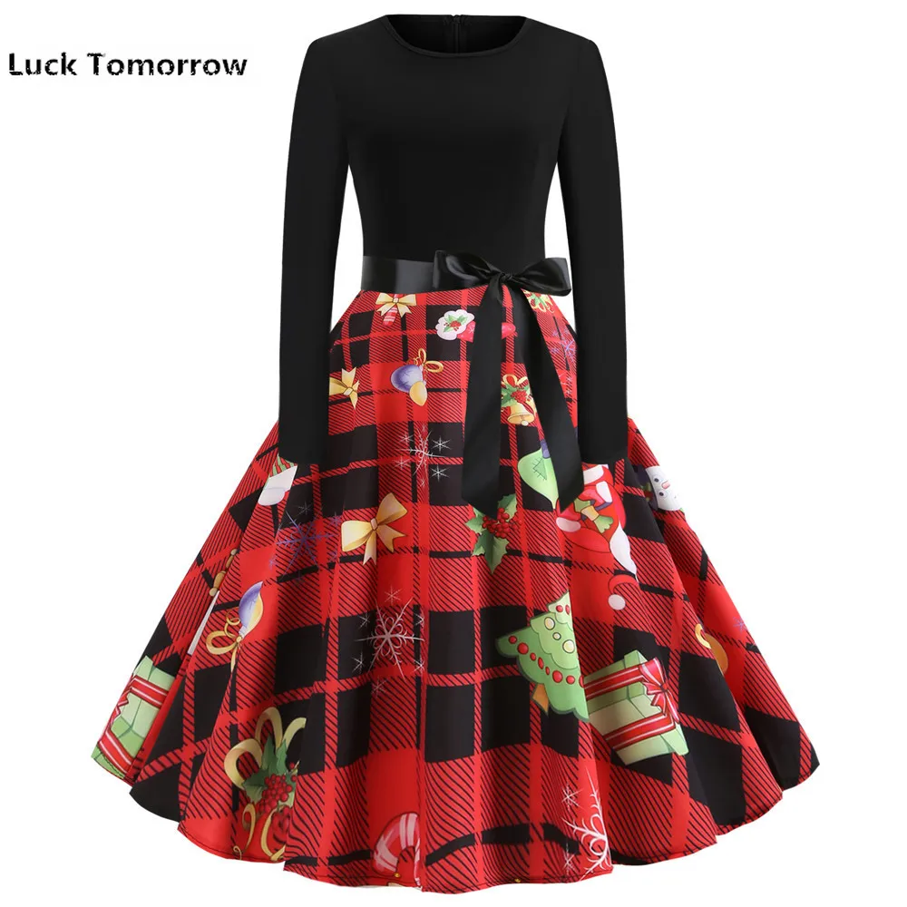 Для женщин элегантные Винтаж красный Рождественский колокольчик платье тонкий