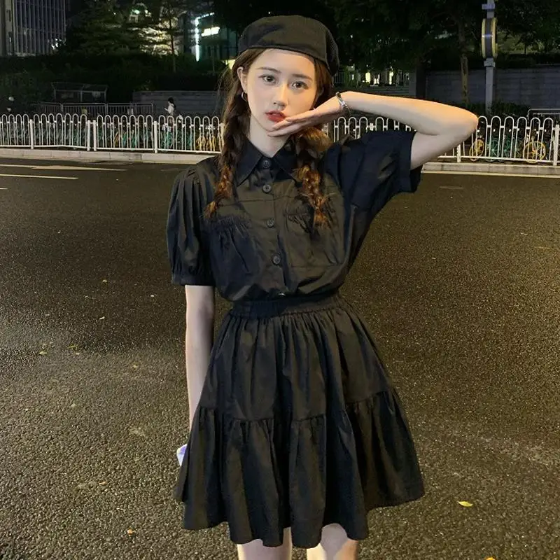 

College style suit women's spring and summer 2021 new style foreign style pocket bubble sleeve shirt black skirt