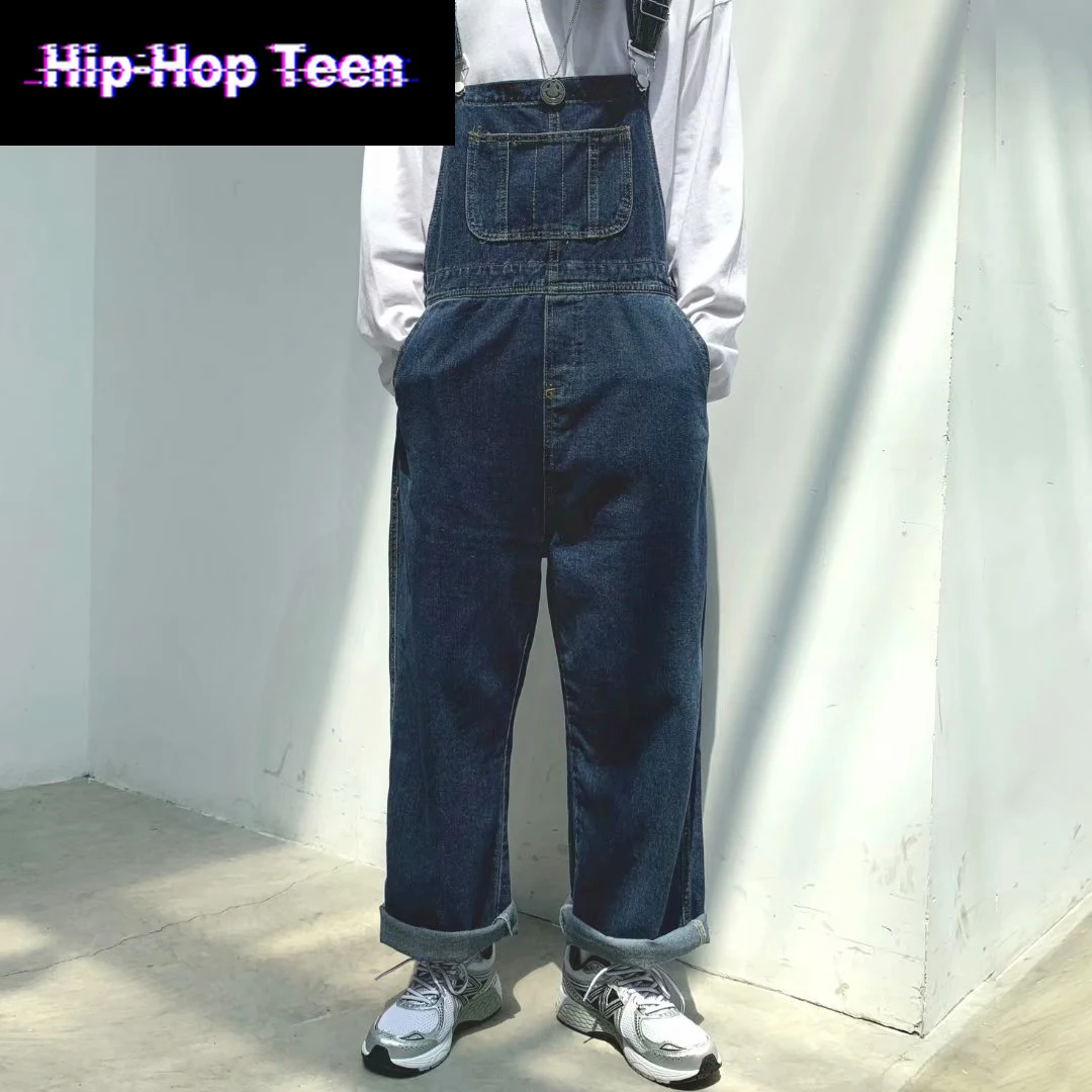 

Hip Hop Teen Jeans Jumpsuit Men's Denim Overalls Men's Bule Loose Bib Pants Student Japanese Streetwear 2021new Hot Harajuku
