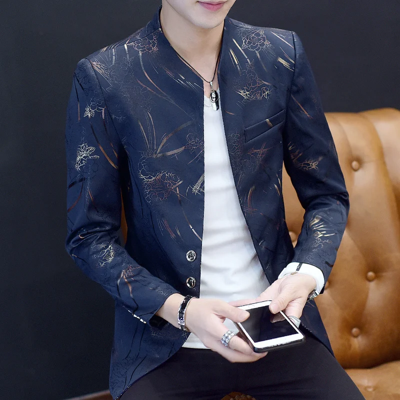 Мужской блейзер с цветочным принтом костюм китайским воротником куртка золотым