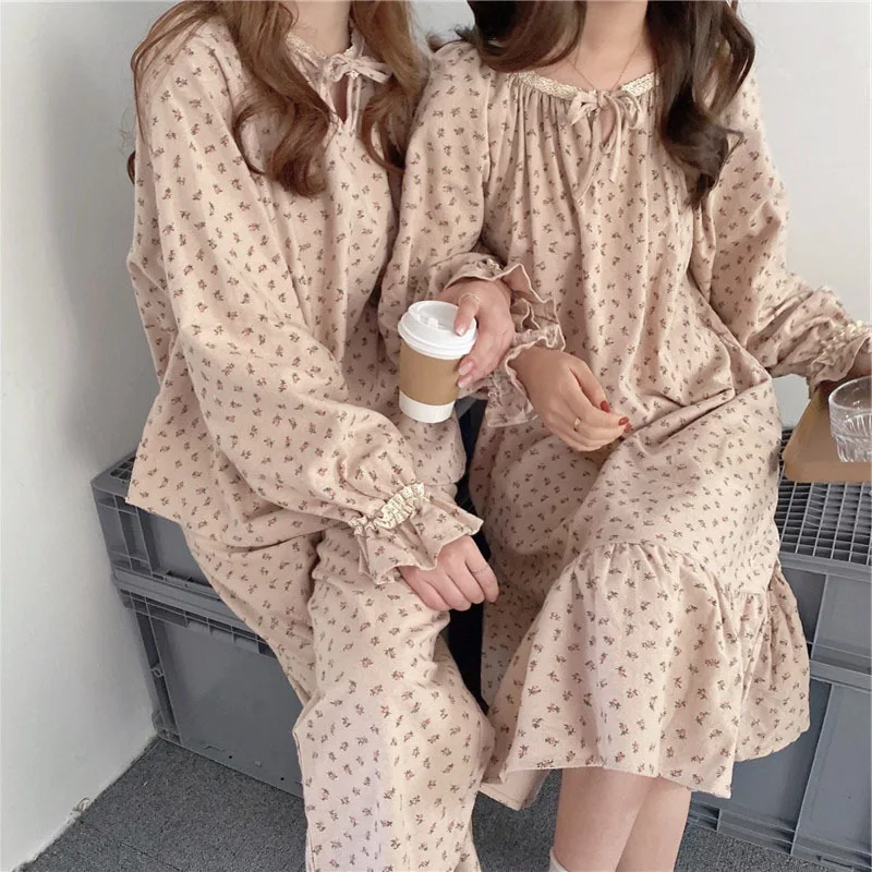 Early Autumn 2021 New Frosted Floral Long Sleeve Housewear Suit Lace Nightwear Patchwork Women's Pajamas Set Female Sleepwear