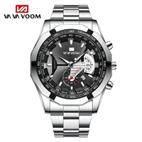 mens sports watch business fashion luminous design black surface silver belt stainless steel calendar waterproof quartz watches
