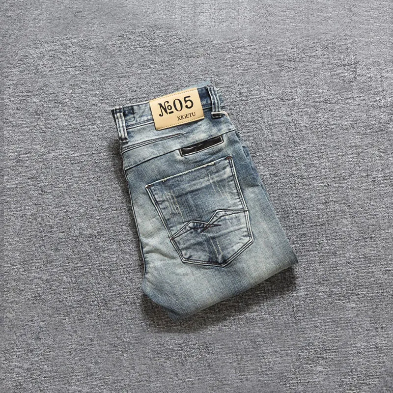 European Street Fashion Men Jeans Retro Gray Blue Elastic Slim Fit Ripped Jeans Men Vintage Designer Stretch Casual Denim Pants