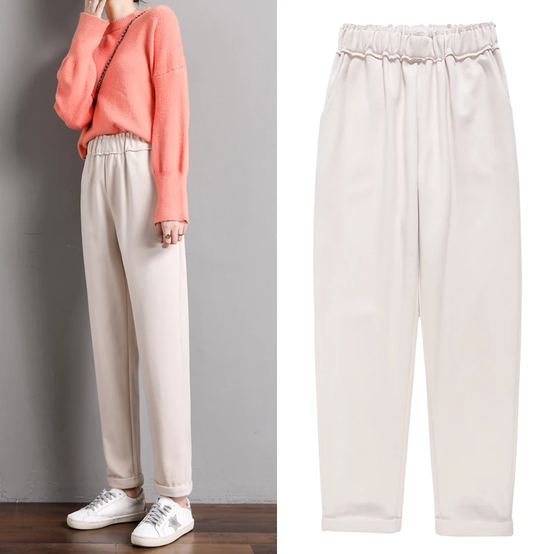 

High Waist Woman Woolen Pants Female Autumn Winter Loose Elastic Waist Casual Warm Trousers