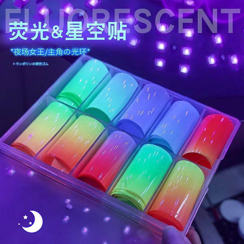 

10Rolls Fluorescent Nail Foils Transfer Stickers Glow in Night Holographic Gradient Starry Sky Stickers for Nails Decor Manicure