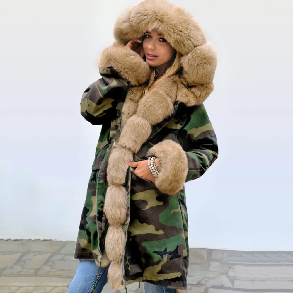 Зимнее повседневное камуфляжное тонкое меховое теплое пальто с капюшоном для женщин, новинка, длинный рукав, флис, утолщенная Женская парка, верхняя одежда размера плюс