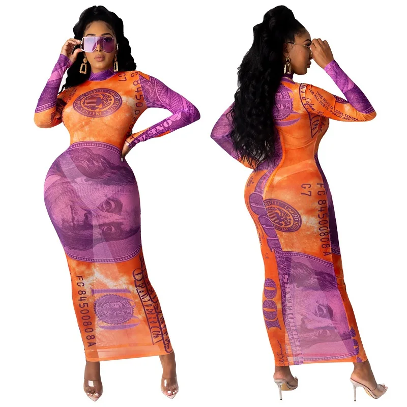 

2020 New Printed money mesh bodycon beach long dress sexy women see through Bikini swimsuit swimwear cover up