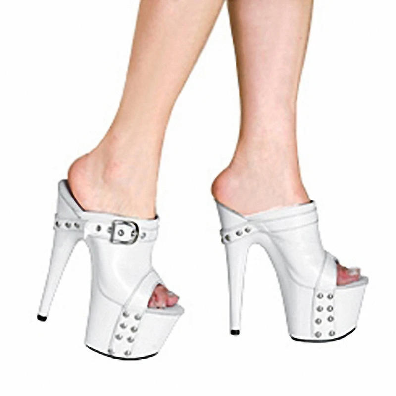 Zapatos de tacón alto de 17CM con plataforma gruesa, zapatillas góticas poco profundas, remache de gran tamaño, 7 pulgadas, hebilla de fiesta blanca, correa de vestir cruzado