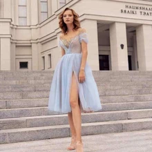 Simple V-neck Off The Shoulder Tulle Prom Party Gown Elegant Applique Backless Side Silt Cocktail Dresses For Women With Skirts (3)