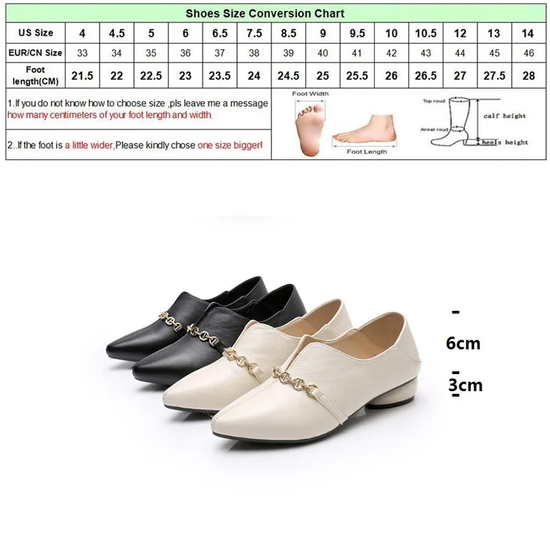 

DRFARGO Genuine Leather Shoes Women Pump Slip on High Vamp Pointed Toe 3cm Low Heel Soft Black Dress Shoes plus big size 43