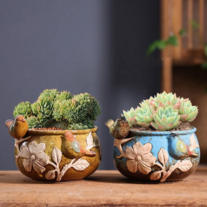 

Ceramic Flowerpot Hand Painted Succulent Plant Pot Coarse Pottery Floral and Birds Pattern Vase Garden Bonsai Pots
