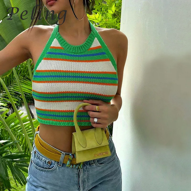 Женский топ в полоску с открытой спиной и круглым вырезом | Женская одежда