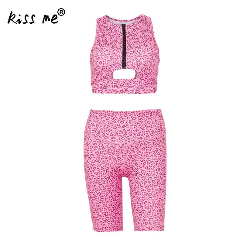 Pink Crop Top Women Yoga Set Vintage Two Piece Tank Pants Leopard Suit Sexy Workout Sports Sets Leggings+Strappy | Спорт и