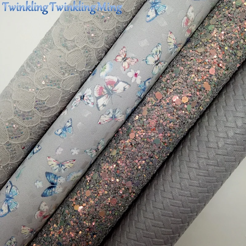 GREY Glitter Fabric Butterfly Printed Faux Synthetic Leather Sheets For Bow A4 21x29CM Twinkling Ming XM787 | Дом и сад