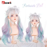 aosiwig synthetic cosplay lolita wavy woman wigs for women natural wig with bangs long hair fake female pink silver blonde green