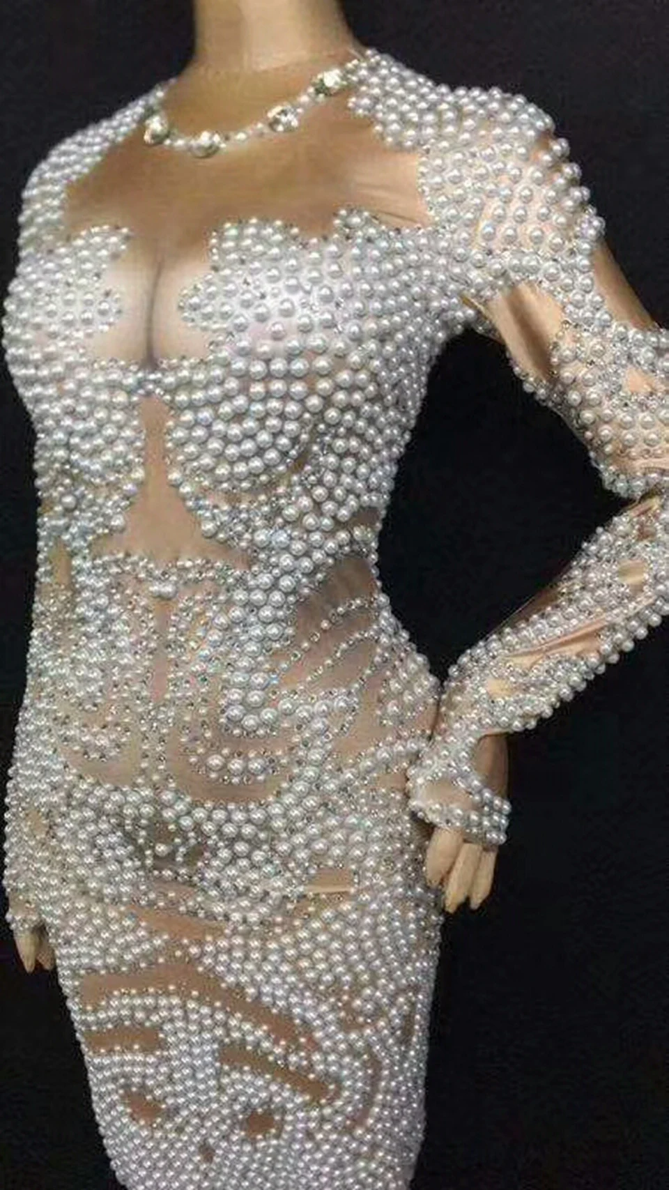 Модное платье стразы с жемчугом женская вечерняя одежда длинным рукавом