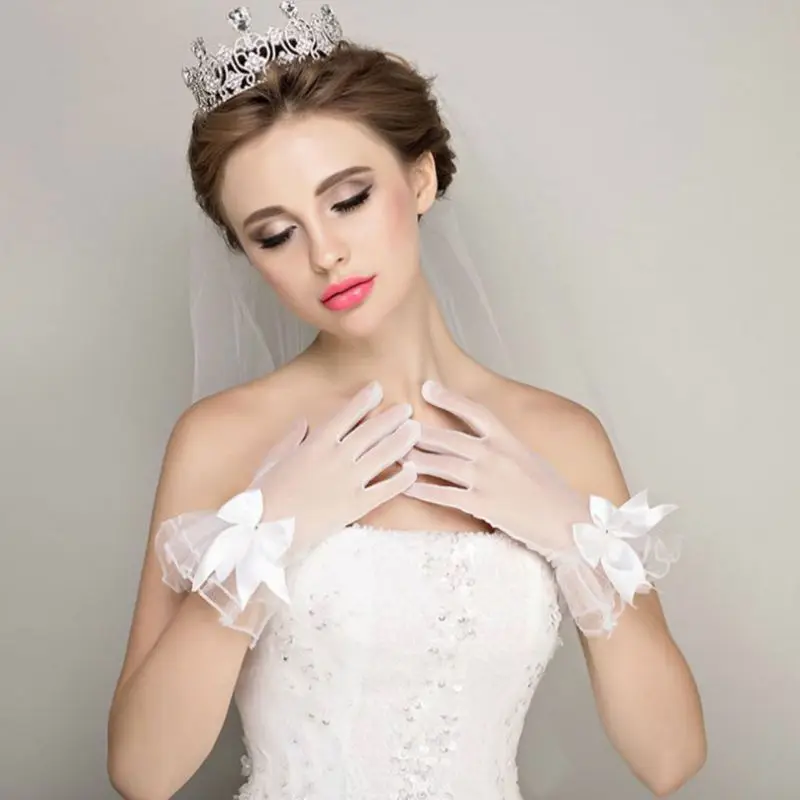 

Новинка 2021, новые перчатки невесты, марлевые короткие белые перчатки с бантом на пальцах, аксессуары для свадебного платья, реквизит для фот...