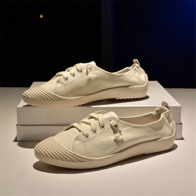 

OllyMurs New Spring Summer Women Flats Shoes Black White Genuine Leather Pointed Toe Lace Up Casual Comfortable Women Flat Shoes