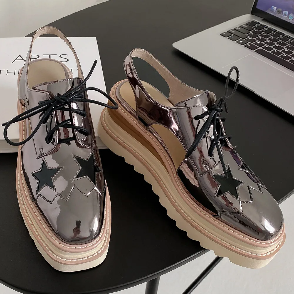 

Женские туфли из натуральной лакированной кожи на толстой подошве, на танкетке и высоком каблуке, повседневные летние туфли в стиле панк с у...