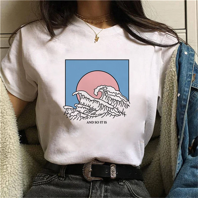 

Great wave and Sunrise Printed Women T Shirt Aesthetic Tshirts Short Sleeve Casual White Top Tee Female Harajuku T-Shirts Woman