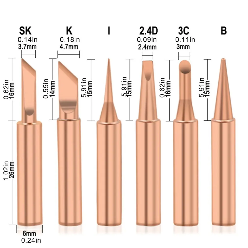 

6pcs/set Soldering Iron Tips Pure Copper 900M-T Soldering Iron Tip Lead-free Solder Tips Welding Head Soldering Tools