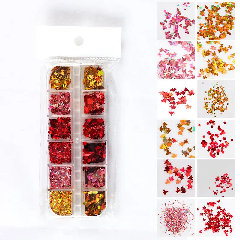 

1 Box of New 12 Grid Boxed Nail Art Maple Leaf Sequins Butterfly Sequins DIY Nail Jewelry Sequins Nail Art Supplies Nail Art