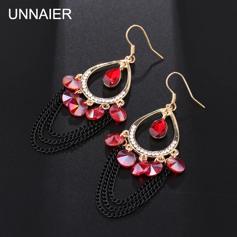 

fashion temperament Water drop red Austrian rhinestones earring Female Black chain tassel Long earring Hypoallergenic earrings