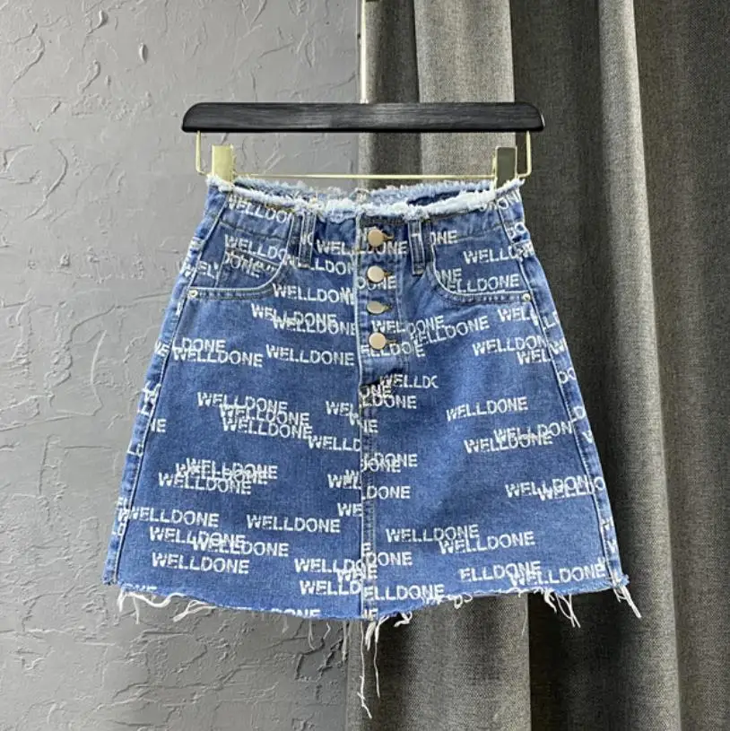 

2021 Summer New Ins Letter Printing Short Mini Denim Skirt Female High Waist Slim Hand Frayed A-Line Stretch Pencil Skirt Y1214