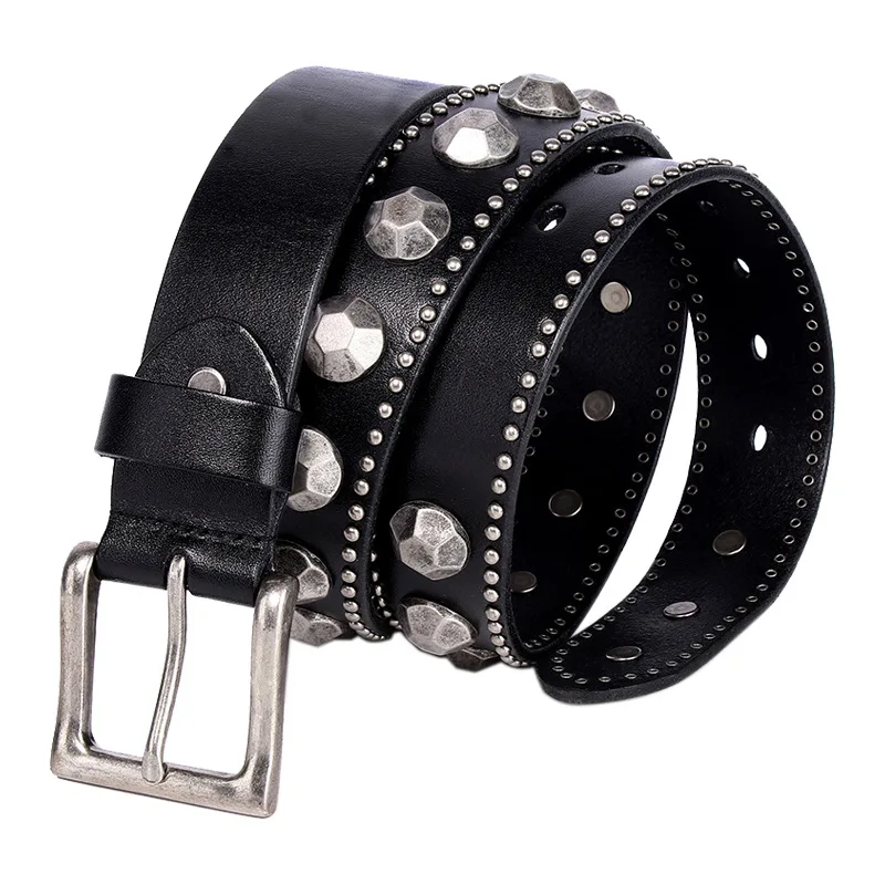 Vintage Embossing Stamp Genuine Cowhide Belts Punk nightclub Rock Hip hop MEN Rivet Belt