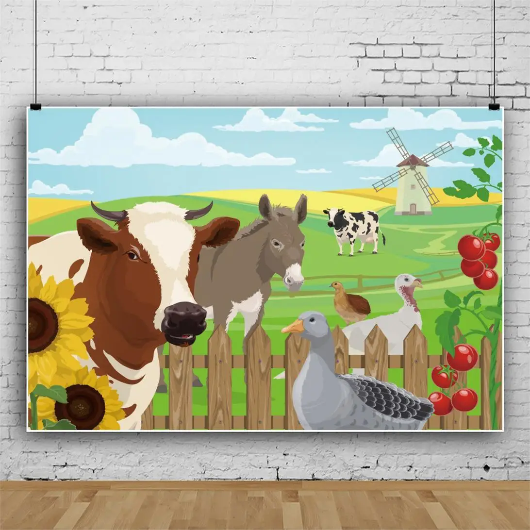 

Cartoon Milk Cow Ranch Windmill Grassland Photo Background Prairie Farm Theme Newborn Baby Kids Birthday Backdrops Photography