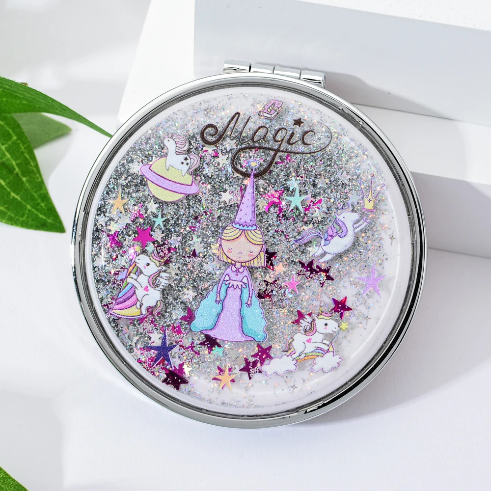 Vicney, красочное блестящее зеркало для макияжа, милое жидкое фламинго, звезда, блестящее масло, единорог, мини карманное зеркало, зеркало для макияжа для женщин