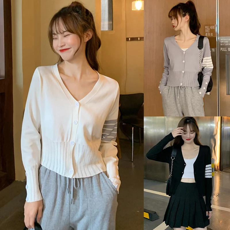 

Korean Clothes Autumn Style Knitted V-Neck Women Sweater Slim Ladies Tops Long Sleeve Thin Cardigans