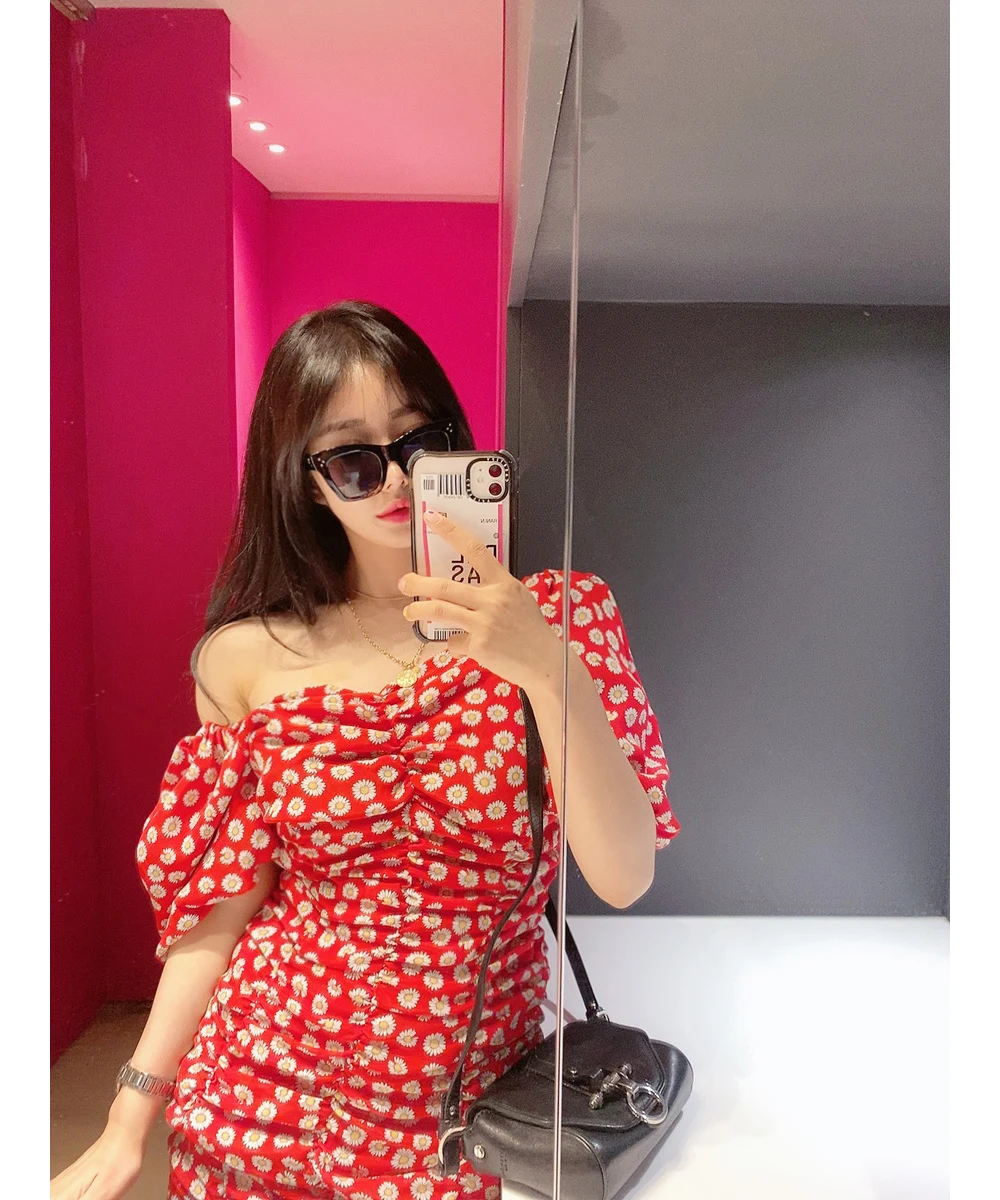 

Summer Women Vintage Puff Sleeve Print Pleated Mini Fashion Sexy Slash Neck Chest Wrapping High Street Party Dress Vestidos