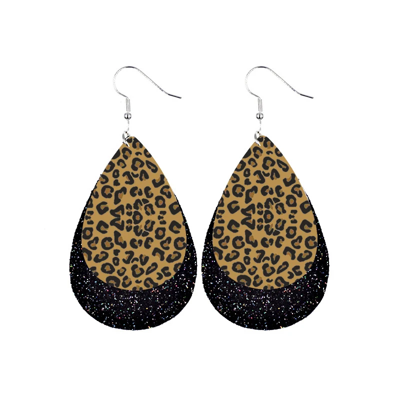 

Leopard Printed Layered Glitter Earrings Faux Leather Teardrop Earring Double Side Print Bulk Order Wholesale