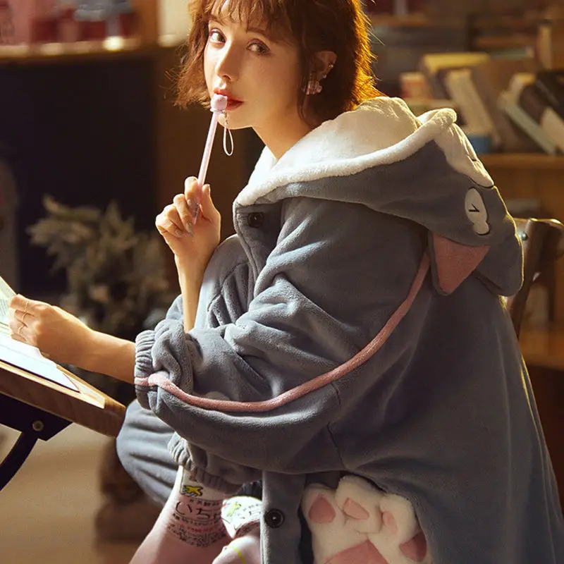 2 Piece Pajama Set Home Clothes Sweet Pajamas Set Women Sleepwear Robe Flannel Winter Vetement De Nuit Femme Schlafanzug