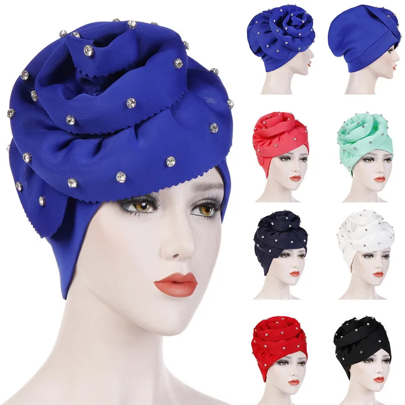 MoneRffi женская мусульманская шляпа сплошной цвет цветочный тюрбан горный хрусталь