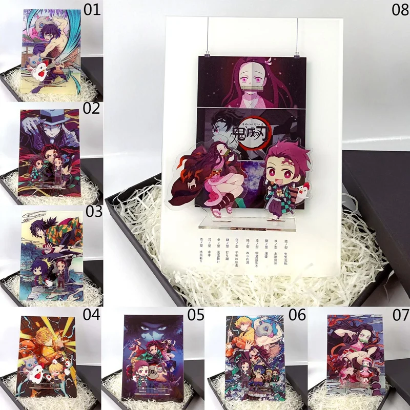 

For Anime Demon Slayer: Kimetsu no Yaiba Gift Box 1 Background Plate 2 Stand Figure Models 1 Keychain Acrylic Desk Ornaments Set