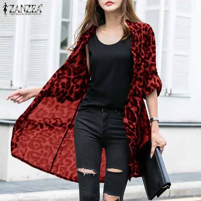 

ZANZEA 2022 Stylish Summer Leopard Cardigans Women's Printed Blouses Long Kimono Cape Female Lapel Tunic Oversized Chemise