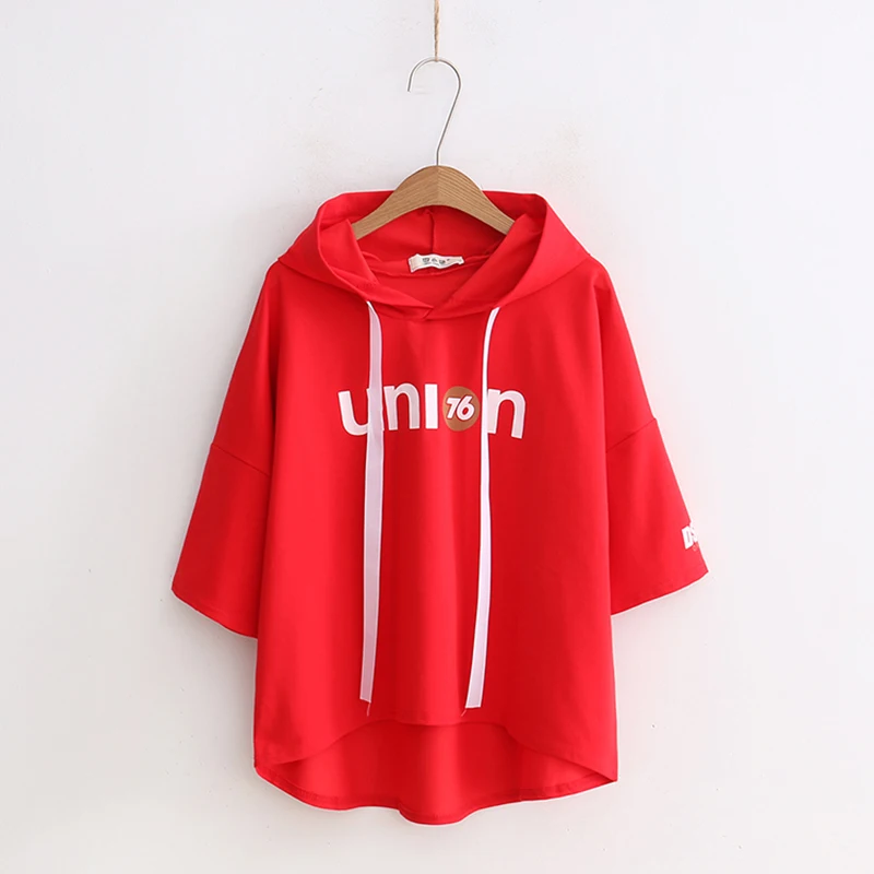 

Women Casual Solid Hooded Pocket Half Sleeve Pullover Sweatshirt Summer Harajuku Warm Hoodies Sweatshirts RR0089