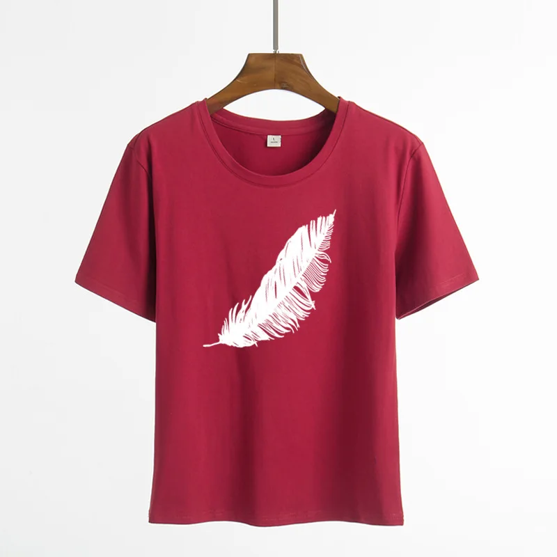 

2020 Women casual Harajuku fashion t-shirt feather print loose o-neck short sleeve elastic stretched summer home new Tee Shirt