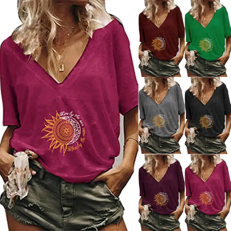 

Casual Women Tops Loose t Shirt Female Short Sleeve V Neck Summer Print T Shirt