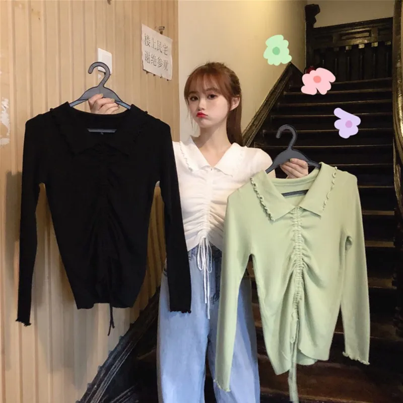 

EFINNY Women Drawstring Sweater Knitted Tops Lapel Long Sleeve Elastic Tight-fitting Bottoming Solid Tops Autumn Clothes