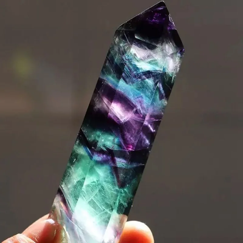 

1pc Natural Fluorite Crystal Colorful Striped Quartz Crystal Stone Point Healing Hexagonal Wand Treatment Stone Room Decoration