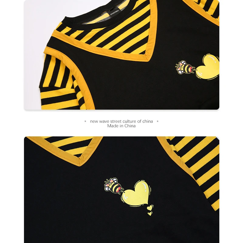 

Kawaii Striped Print Patchwork Tees Shirts Long Sleeve Streetwear Japanese Fashion Hip Hop Loose Summer Tshirts Men Clothing