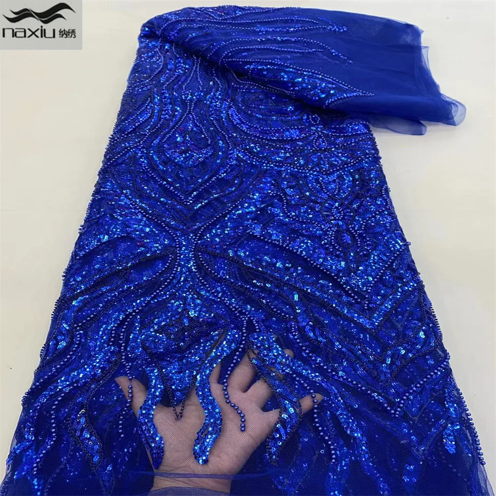 

Madison African Tulle Beaded Lace Fabric 5 Yards 2021 High Quality Sequins Lace Fabric French Lace Fabric For Party Dress
