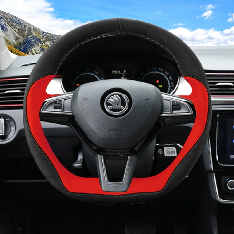

For Skoda Octavia Rapid Spaceback Rapid SUPERB KamIq Kodiaq Fabia DIY custom leather suede car interior steering wheel cover