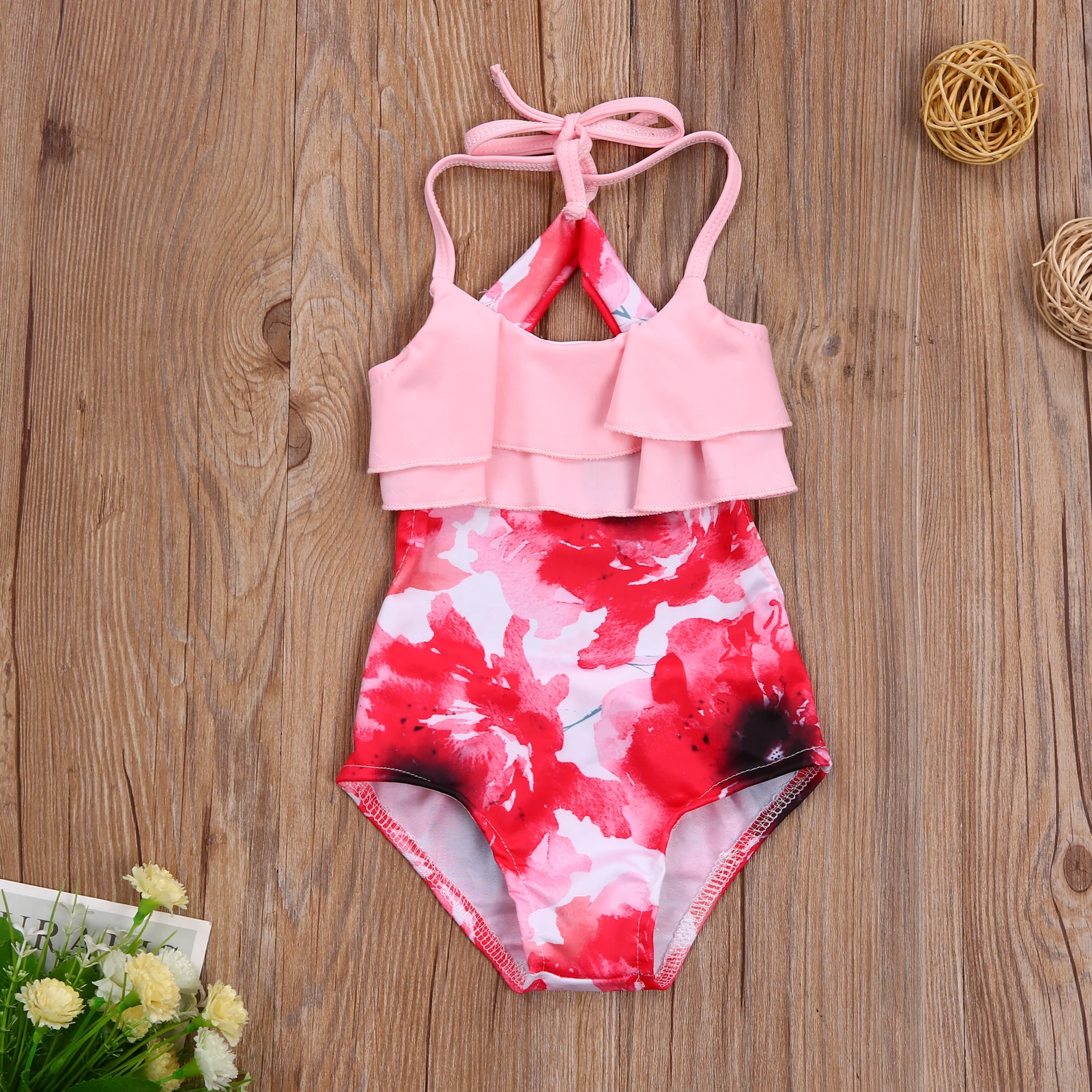 

Купальник От 1 до 5 лет для девочек, безрукавные Монокини, с красными цветами, кружевной, с воротником